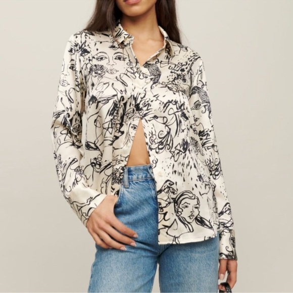 NWT Reformation Sky Silk Top Long Sleeve Button Down Abstract Doodle Vogue XS - Picture 15 of 15